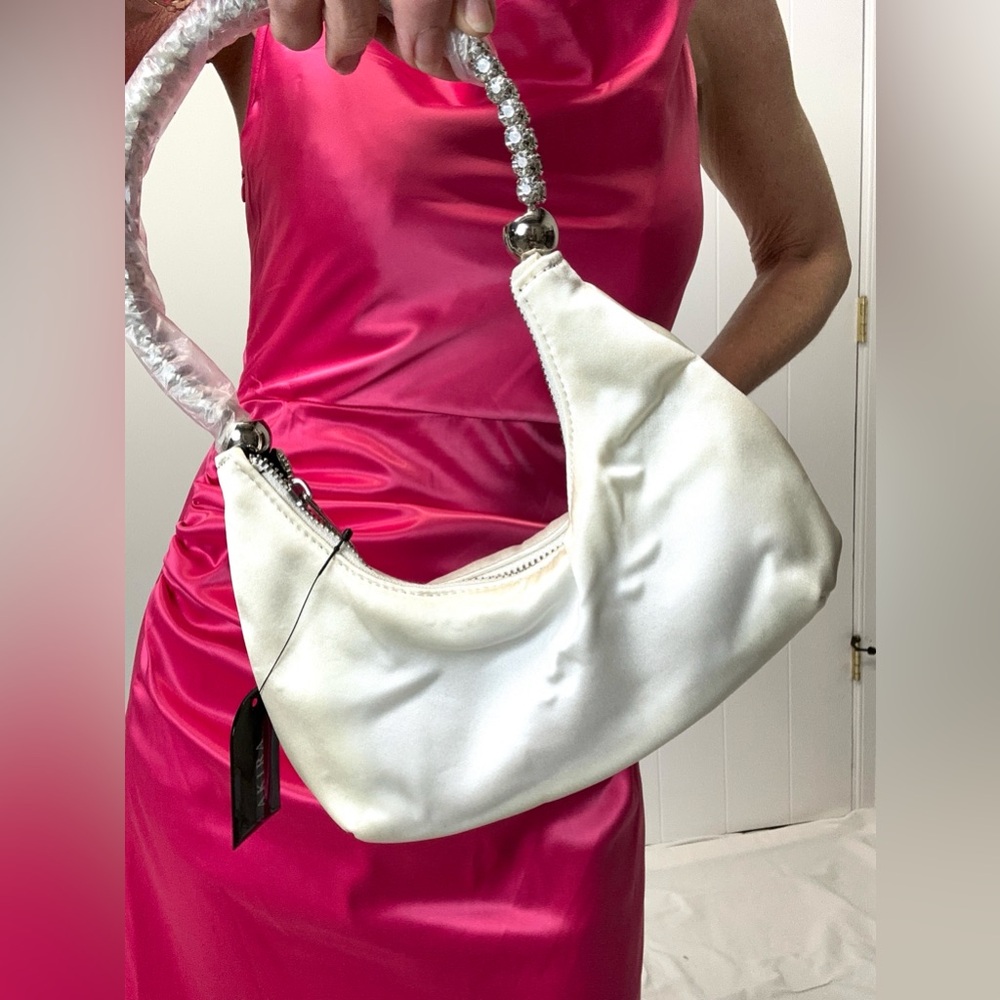 Akira White “I Like It” Bling Crystal Handle Hand Bag white Satiny Sheen Purse